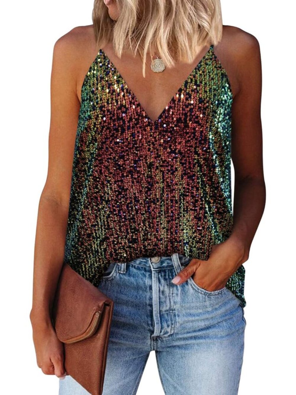 Women Multi Colour Tank Tops Casual Fashion V Neck Strap Sequin Sparkle Shimmer